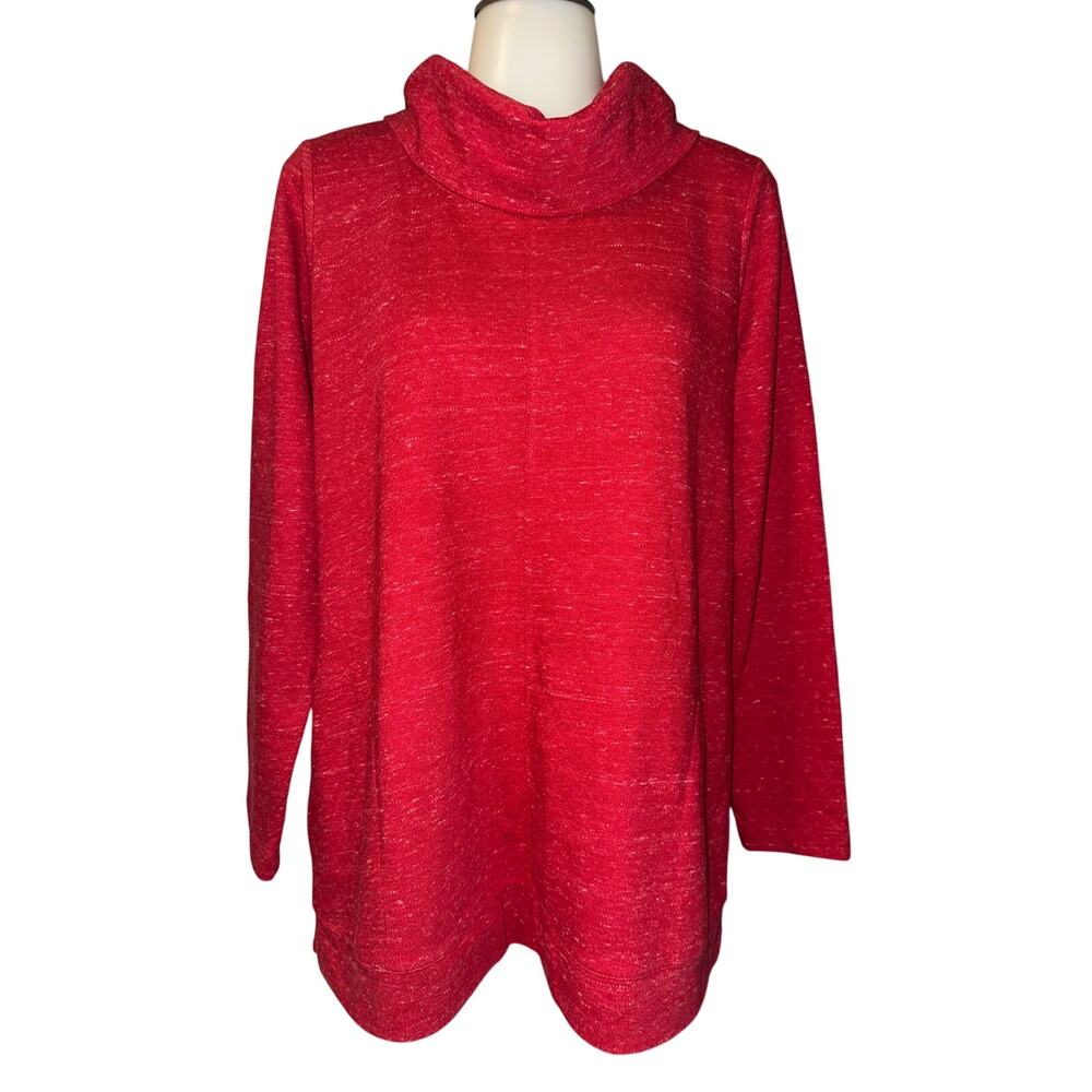 J Jill Top Womens Small Red Long Sleeve French Terry Cowl-Neck Tunic Pockets